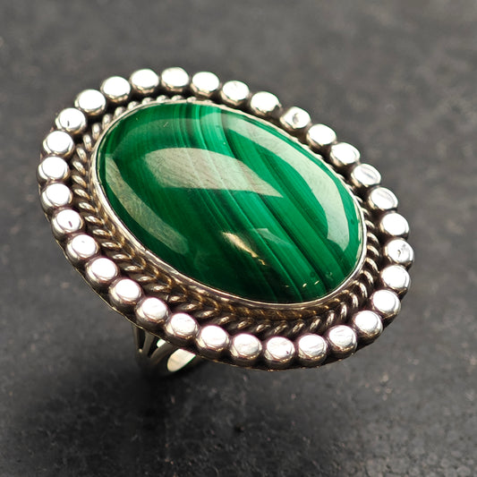 Running Bear Malachite Sterling Silver Ring Sz 6 3/4 R6508