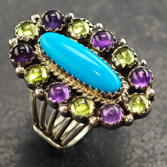 Running Bear Turquoise, Amethyst & Peridot Sterling Silver Ring Sz 6 3/4 R6511