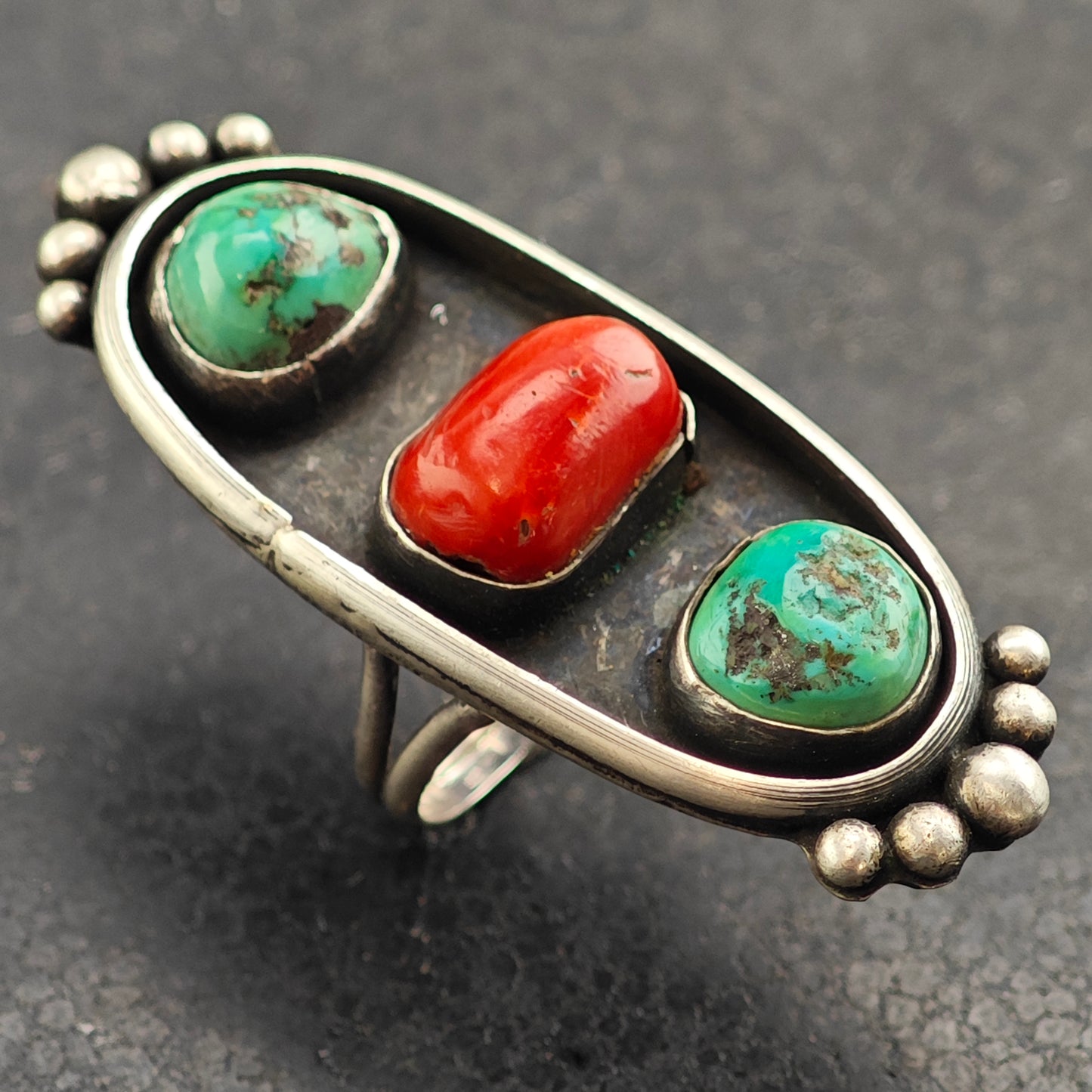 SW Turquoise & Coral Trio Sterling Silver Ring Sz 6 3/4 R6514