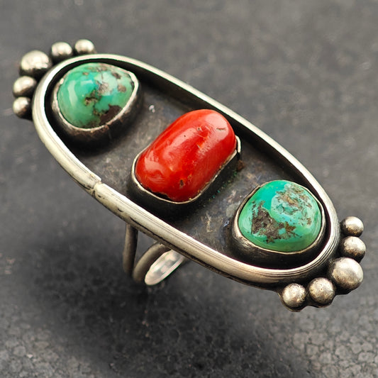SW Turquoise & Coral Trio Sterling Silver Ring Sz 6 3/4 R6514