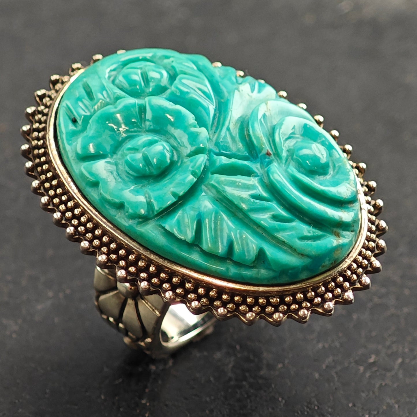 Amy Kahn Russell Floral Carved Turquoise Sterling Silver Ring Sz 6 R6516