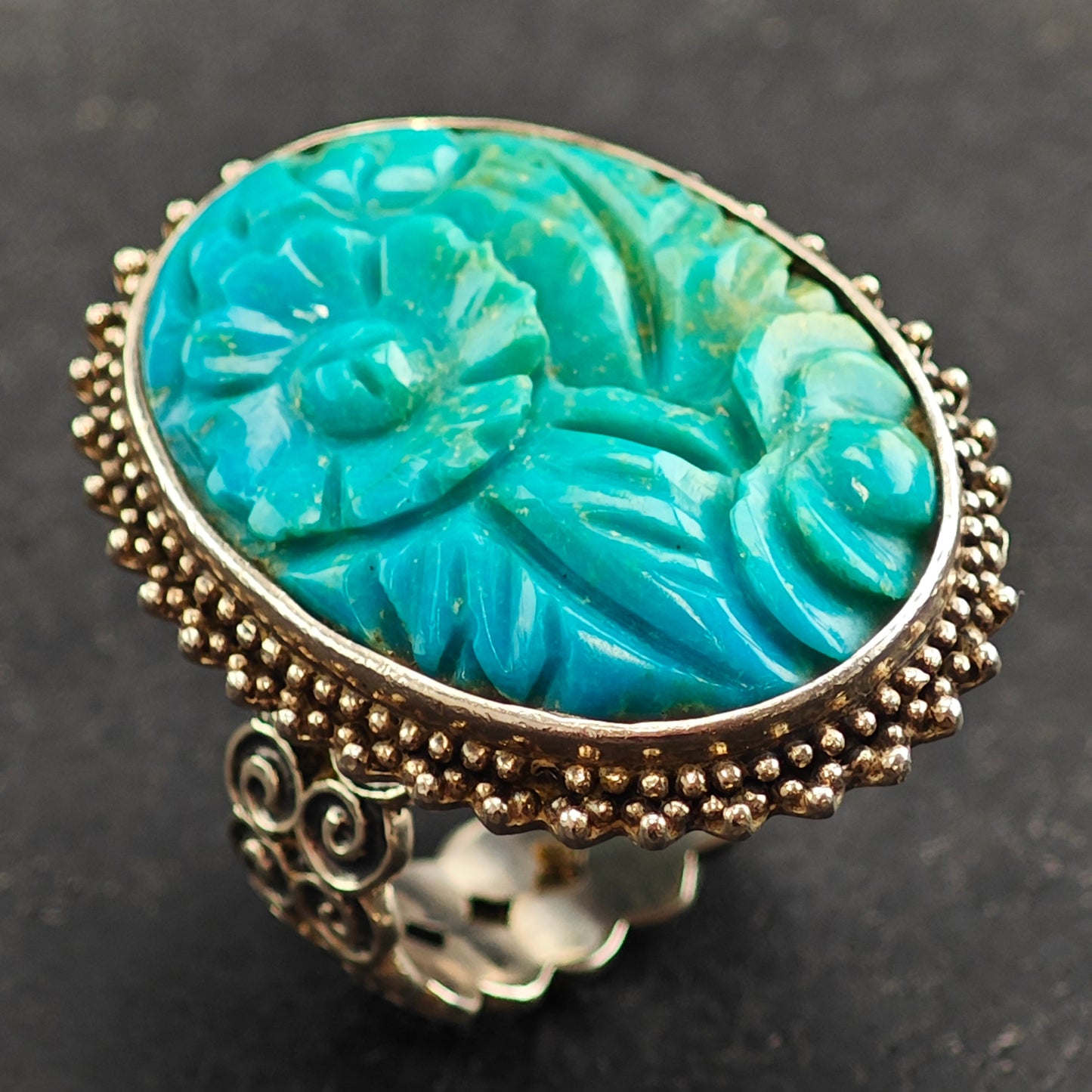 Amy Kahn Russell Floral Carved Turquoise Sterling Silver Ring Sz 10 3/4 R6517