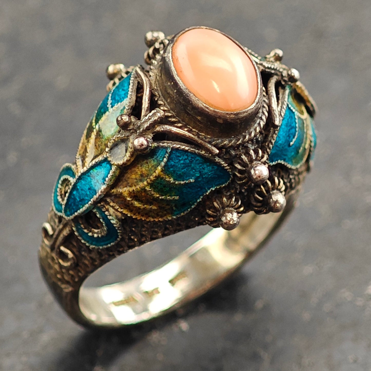 Enamel Butterfly Coral Sterling Silver Ring Sz 7 R6520