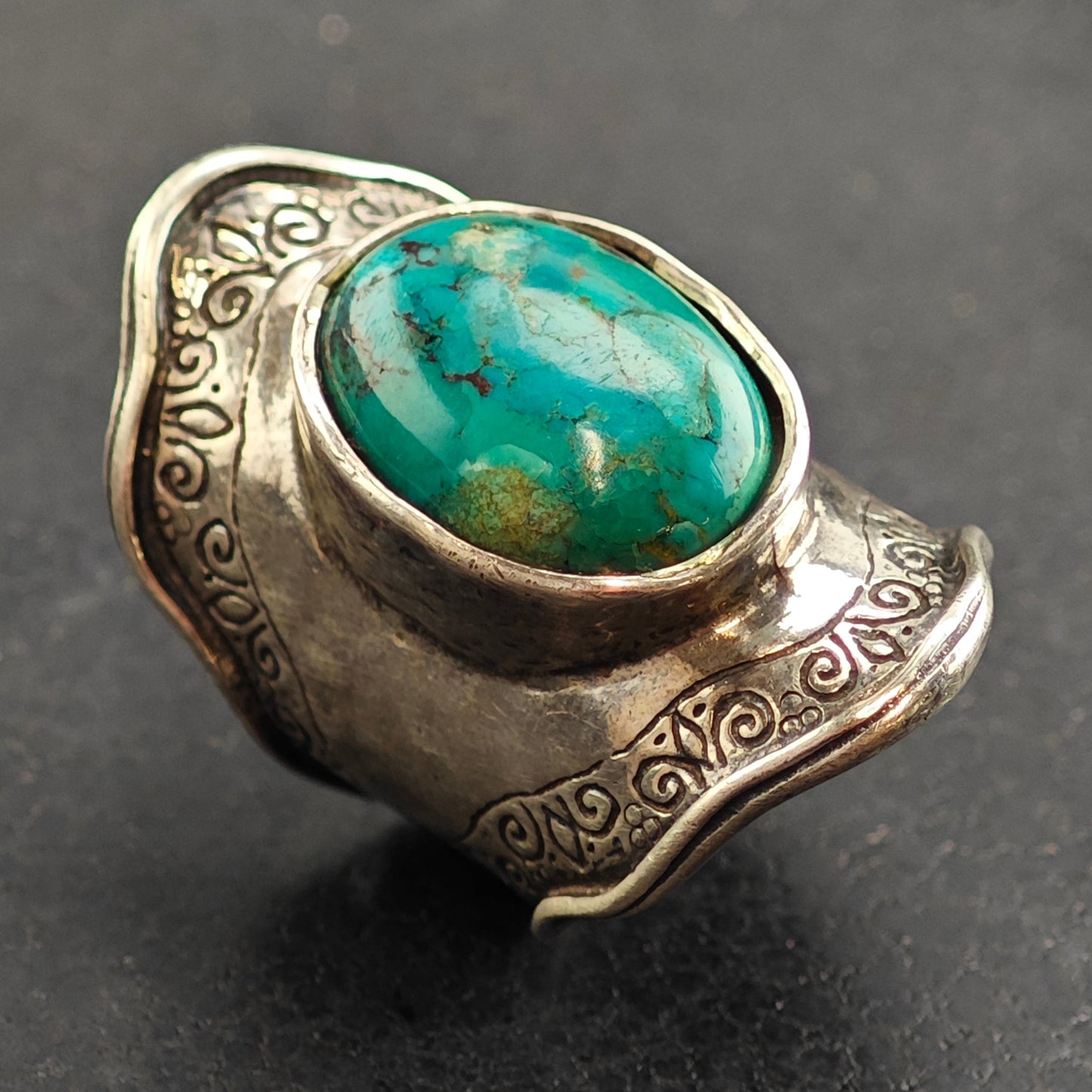 Turquoise Thick Stamped Band Sterling Silver Ring Sz 6 3/4 R6536