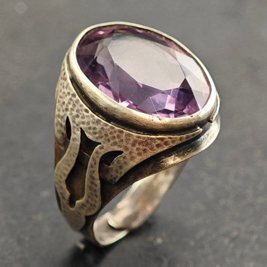 Arts and Crafts Silver Period Amethyst Adjustable Sterling Ring Sz 8 1/2 R6539