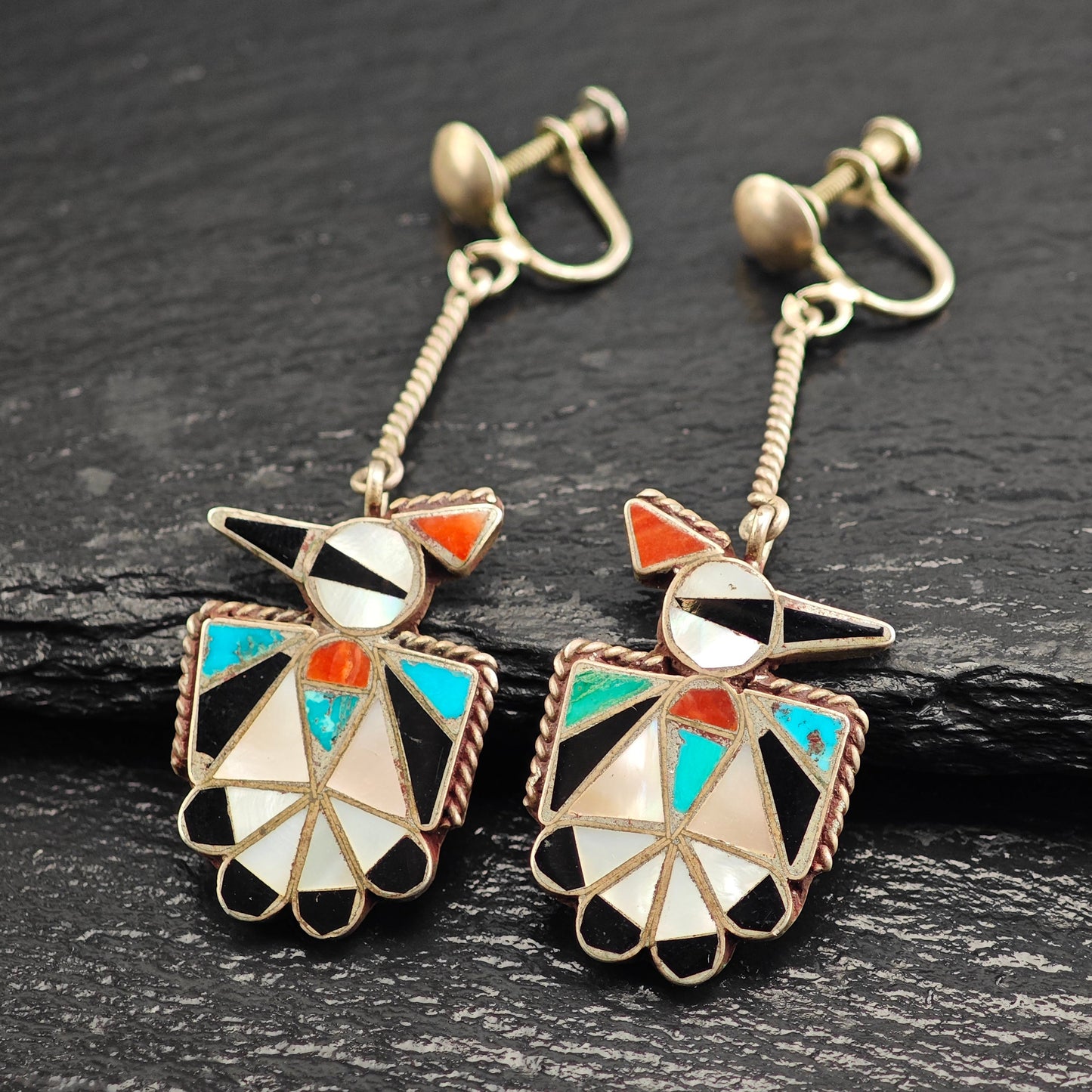 Zuni Native American Thunderbird Inlay, Sterling Silver Screw Back/Dangle Earrings ER3087