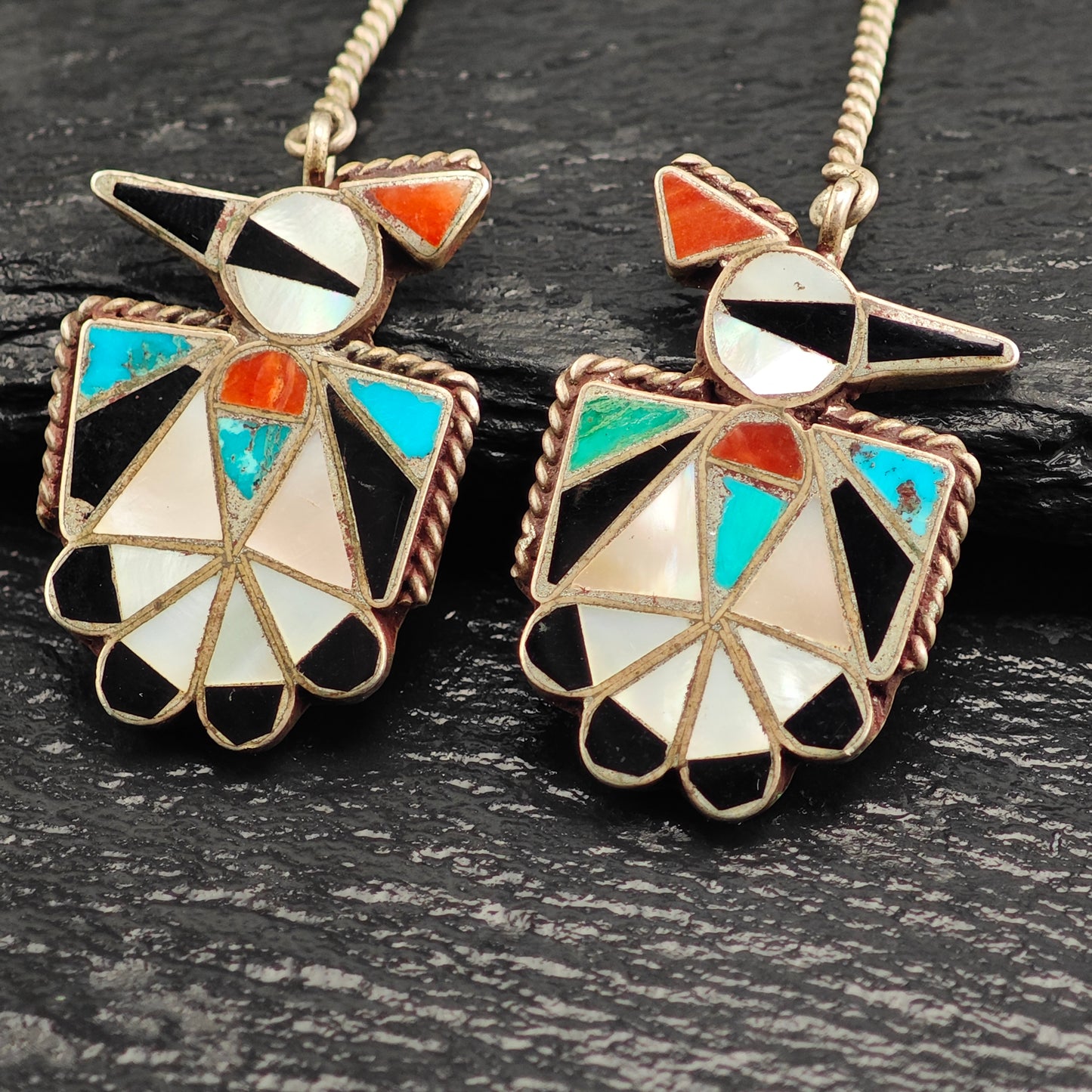 Zuni Native American Thunderbird Inlay, Sterling Silver Screw Back/Dangle Earrings ER3087