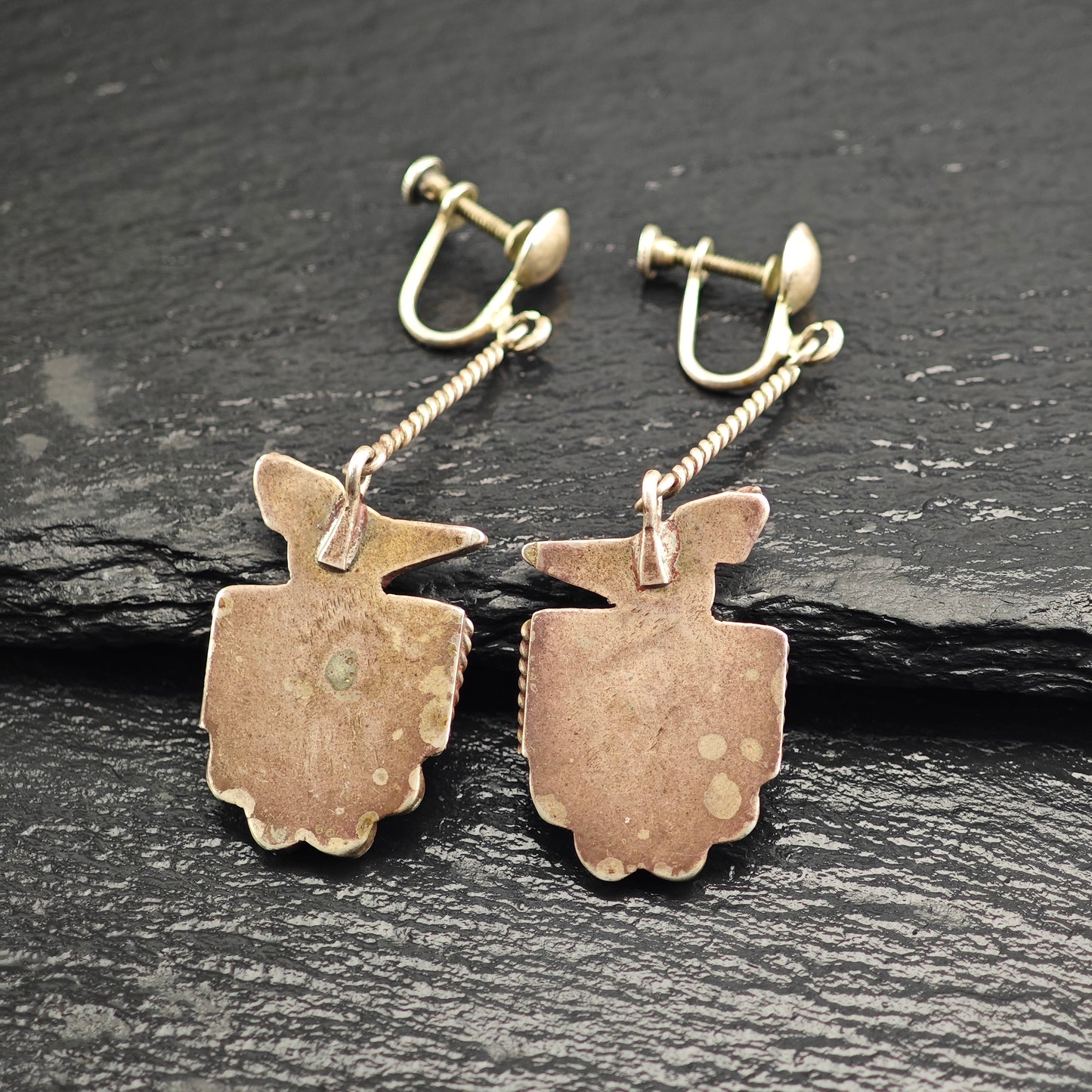 Zuni Native American Thunderbird Inlay, Sterling Silver Screw Back/Dangle Earrings ER3087