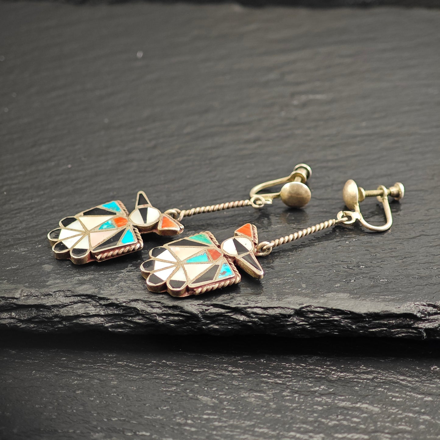 Zuni Native American Thunderbird Inlay, Sterling Silver Screw Back/Dangle Earrings ER3087