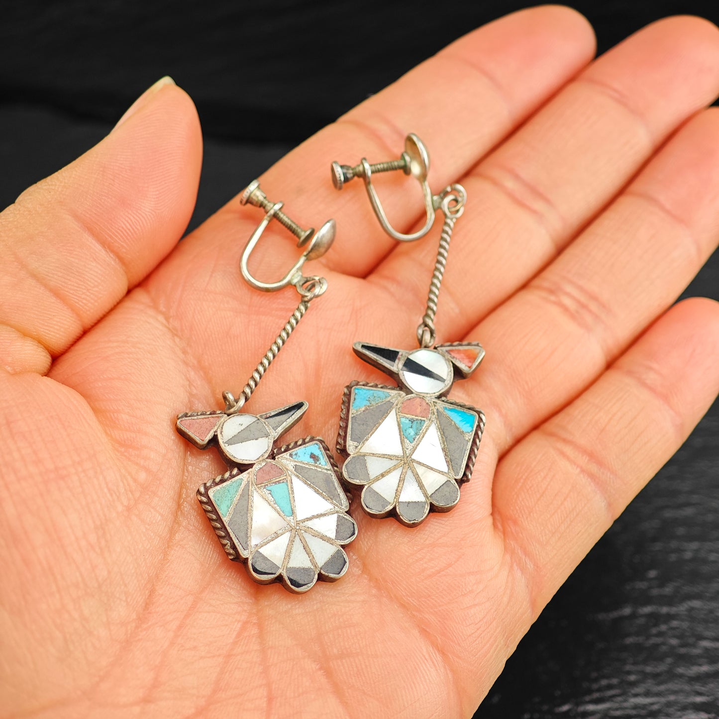 Zuni Native American Thunderbird Inlay, Sterling Silver Screw Back/Dangle Earrings ER3087