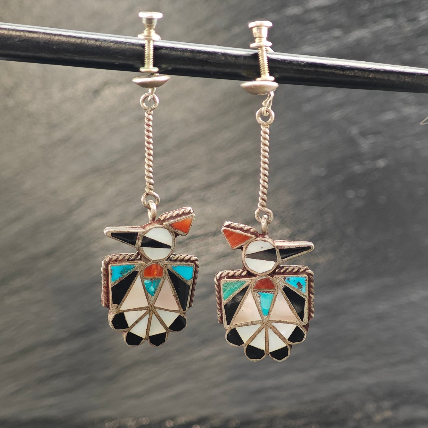 Zuni Native American Thunderbird Inlay, Sterling Silver Screw Back/Dangle Earrings ER3087