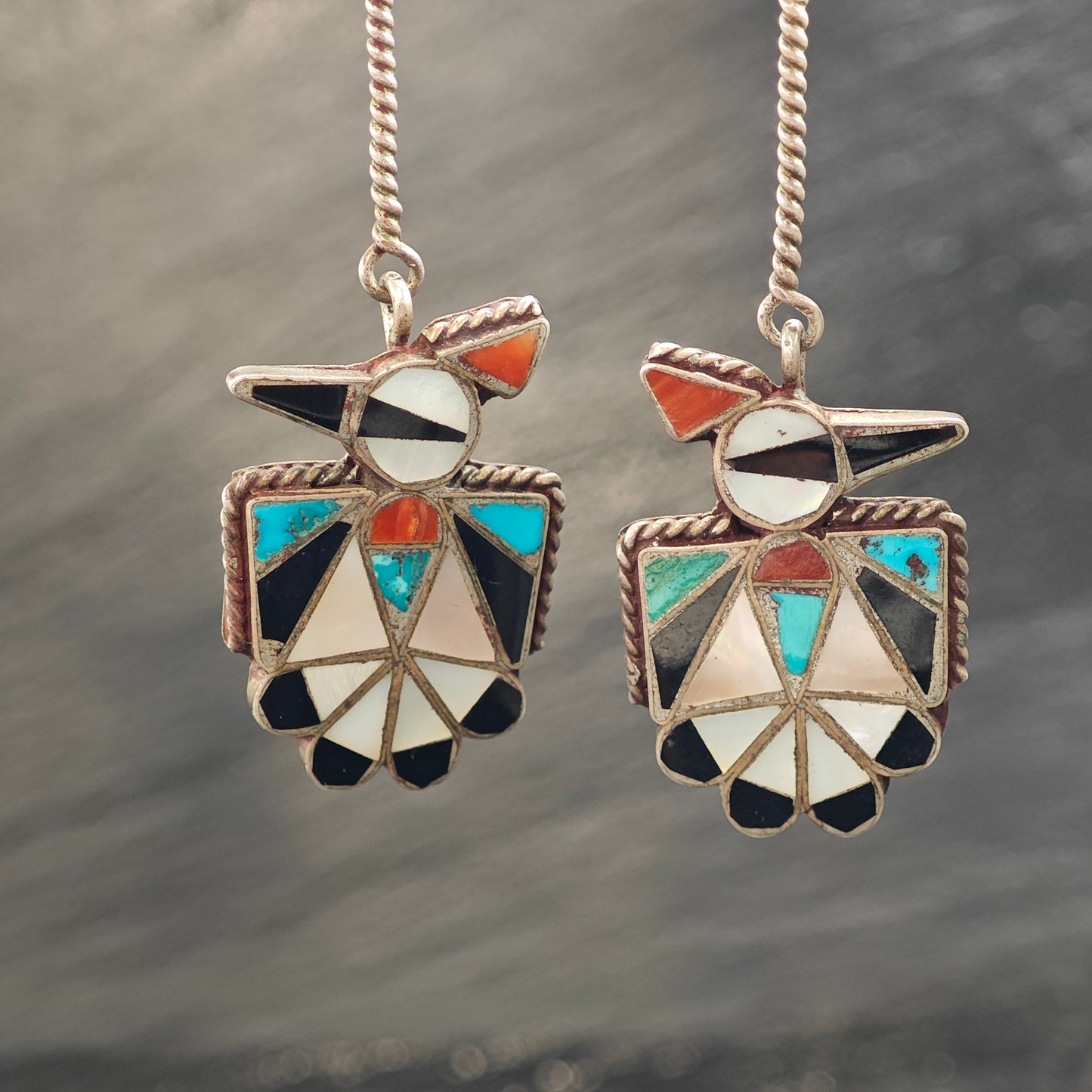 Zuni Native American Thunderbird Inlay, Sterling Silver Screw Back/Dangle Earrings ER3087