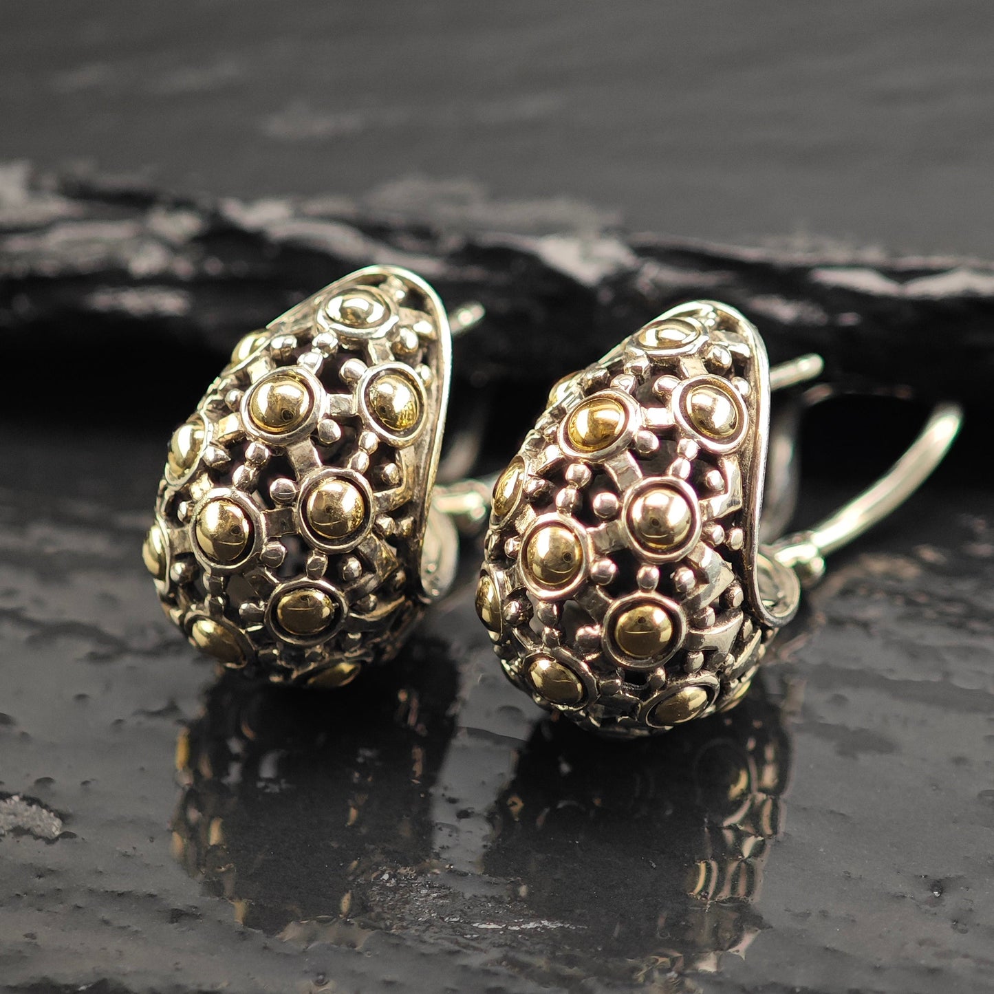 John Hardy 18K Gold Accent Scallop Sterling Silver Omega Back Earrings ER3089