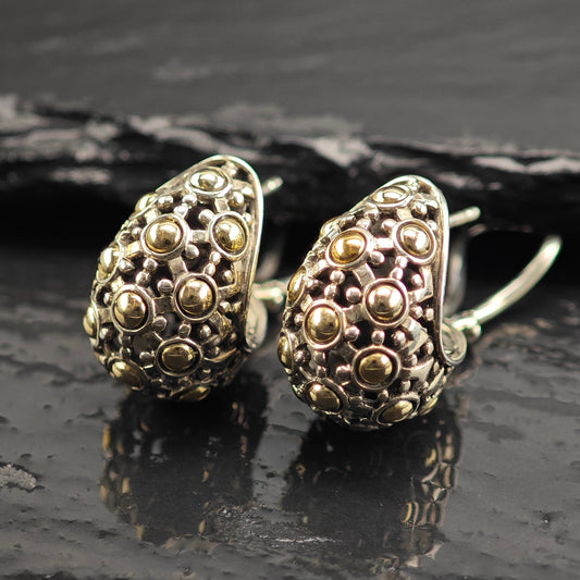 John Hardy 18K Gold Accent Scallop Sterling Silver Omega Back Earrings ER3089