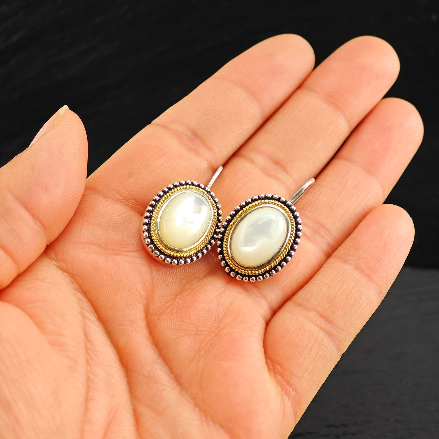 Mother of Pearl Gold Tone Accent Sterling Silver Lever Back Earrings ER3090