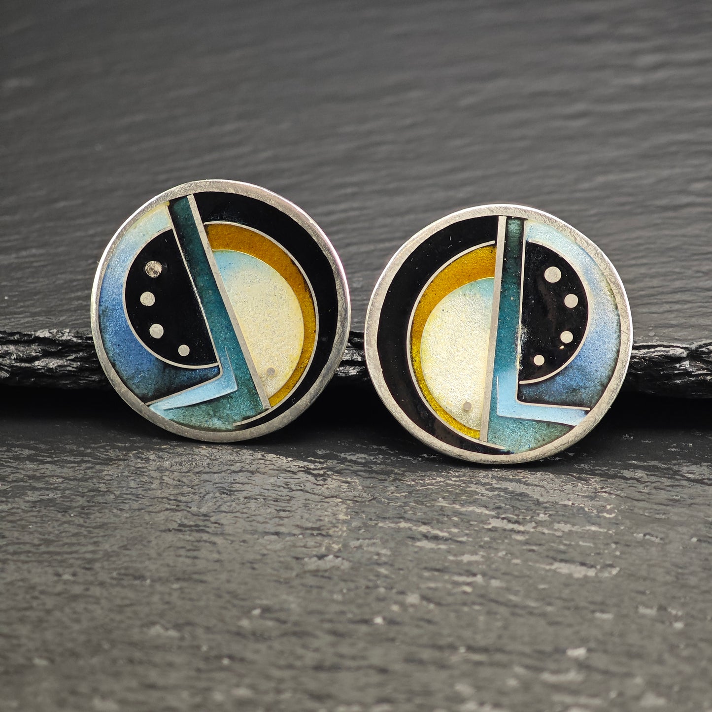 Modernist Multi-color Enamel Geometric Sterling Silver Stud Earrings ER3095