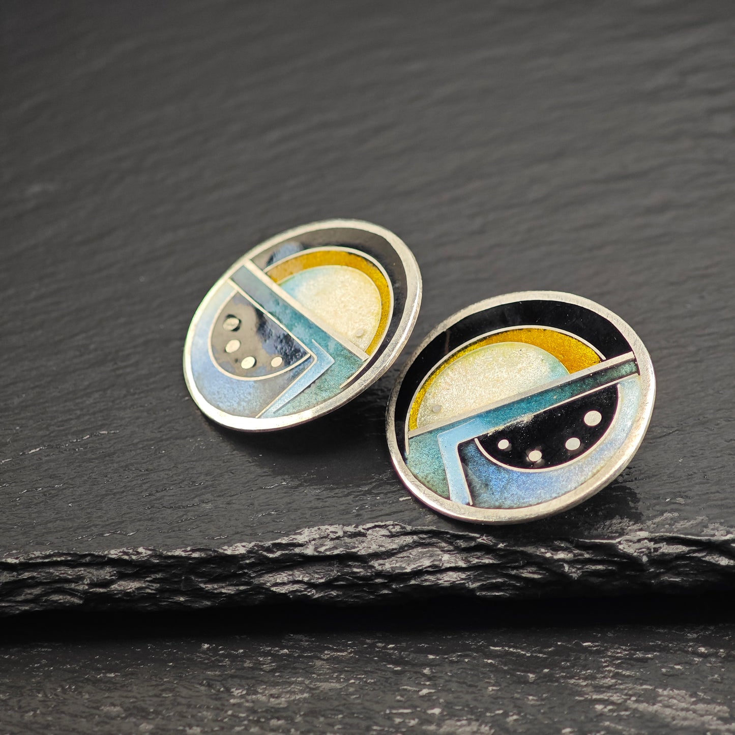 Modernist Multi-color Enamel Geometric Sterling Silver Stud Earrings ER3095