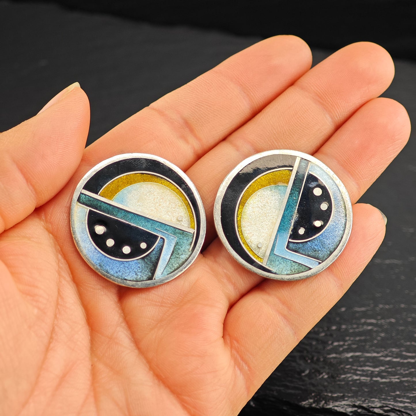 Modernist Multi-color Enamel Geometric Sterling Silver Stud Earrings ER3095