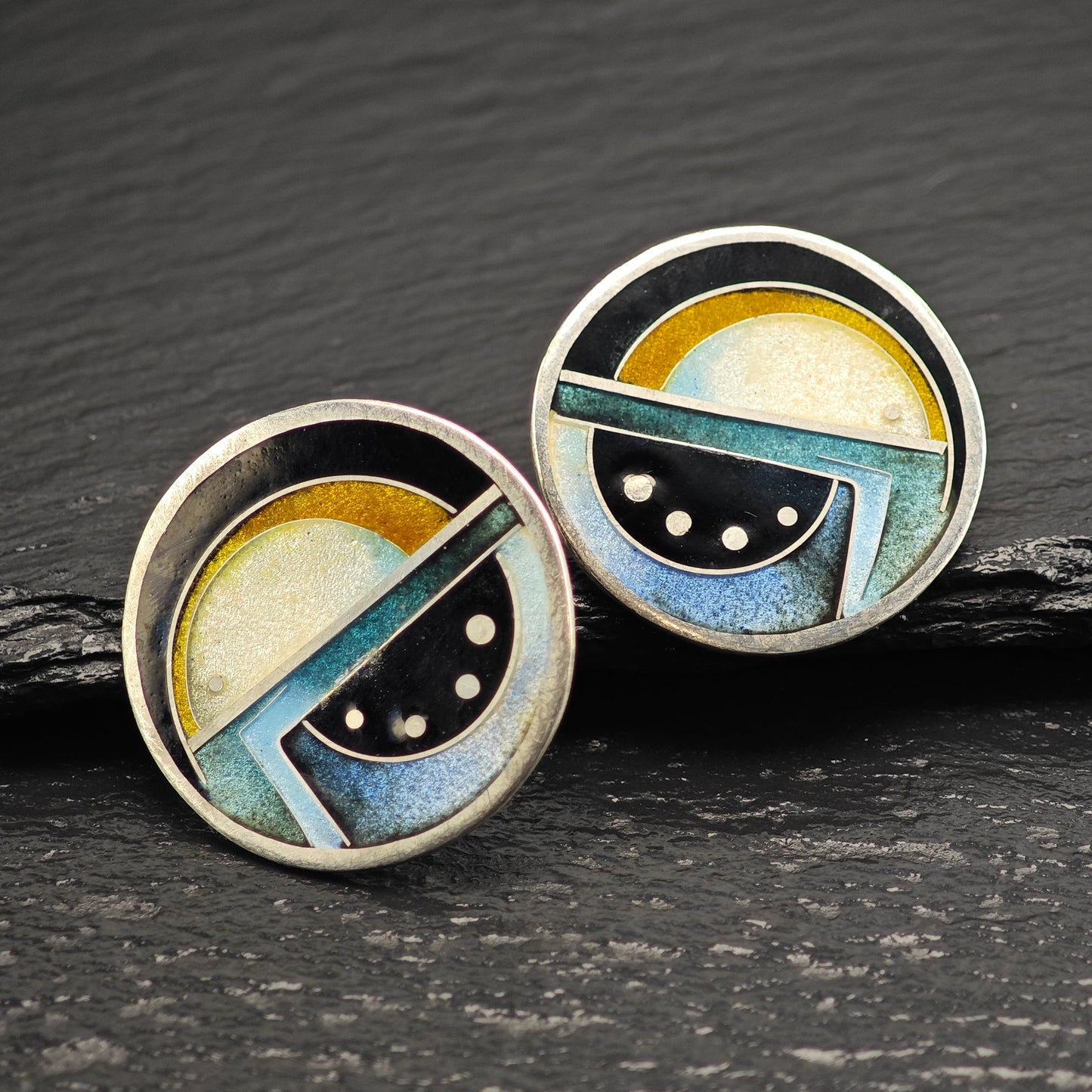 Modernist Multi-color Enamel Geometric Sterling Silver Stud Earrings ER3095