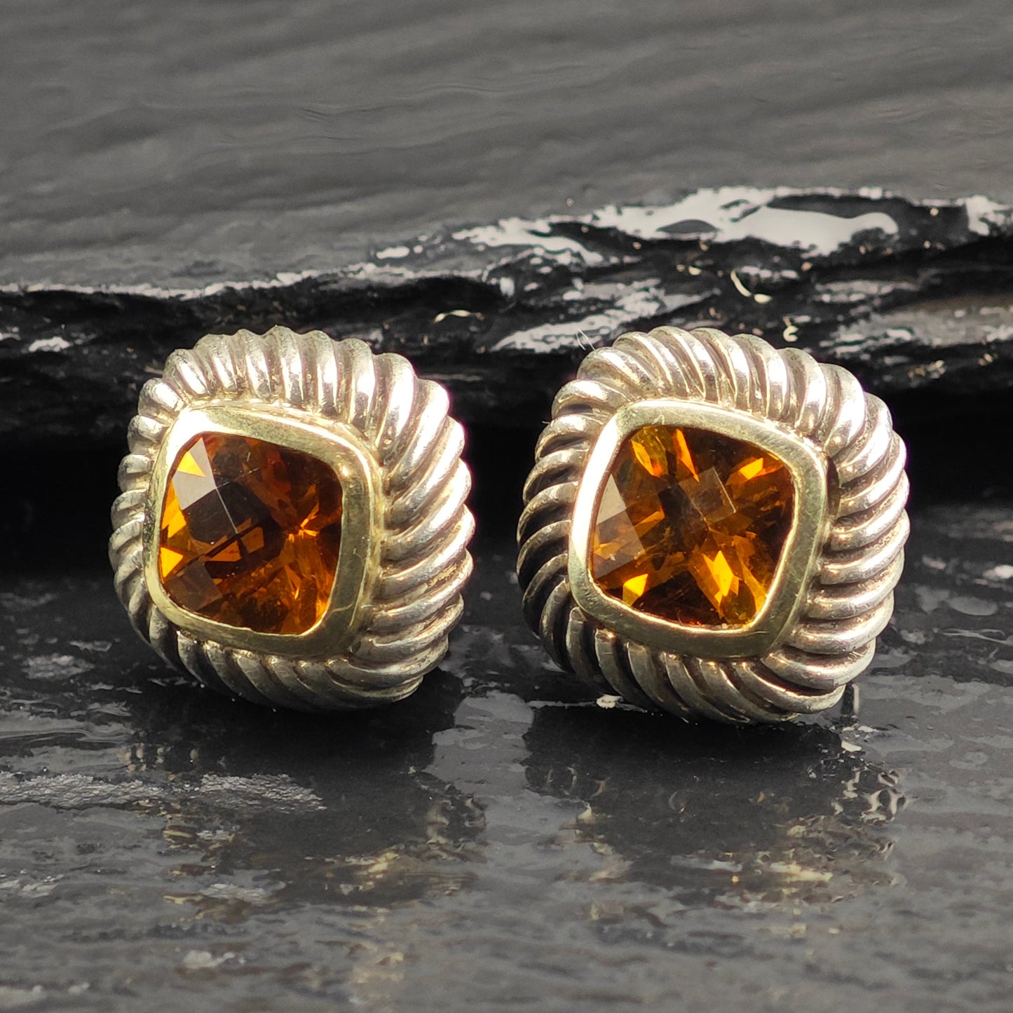 Vintage David Yurman 18K Gold Posts Sterling Silver Stud Earrings ER3098