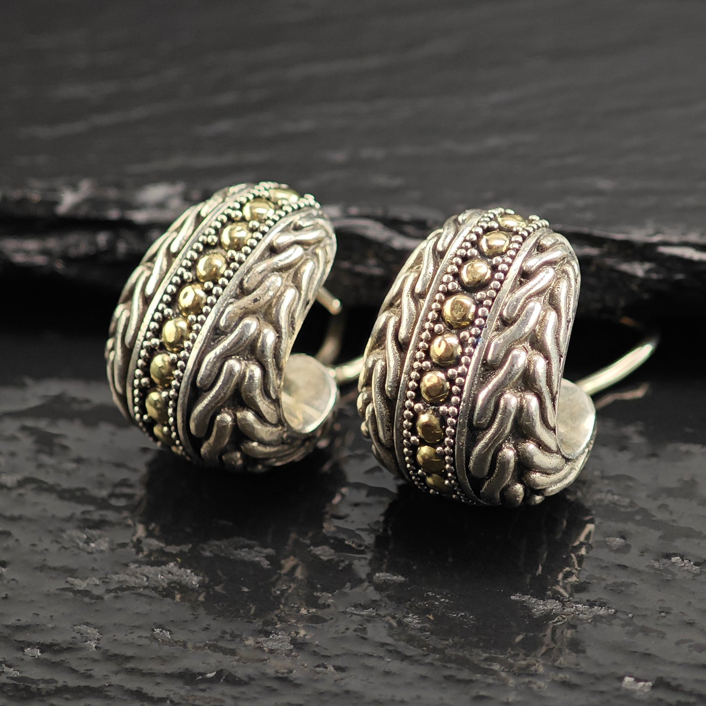 AS IS, John Hardy Gold 18K Gold Accent Sterling Silver Omega Back Earrings ER3099