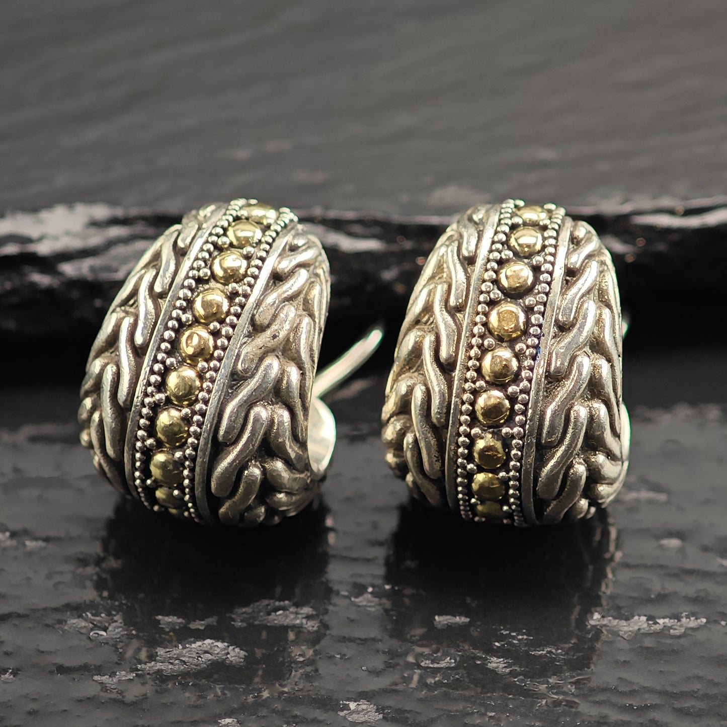 AS IS, John Hardy Gold 18K Gold Accent Sterling Silver Omega Back Earrings ER3099