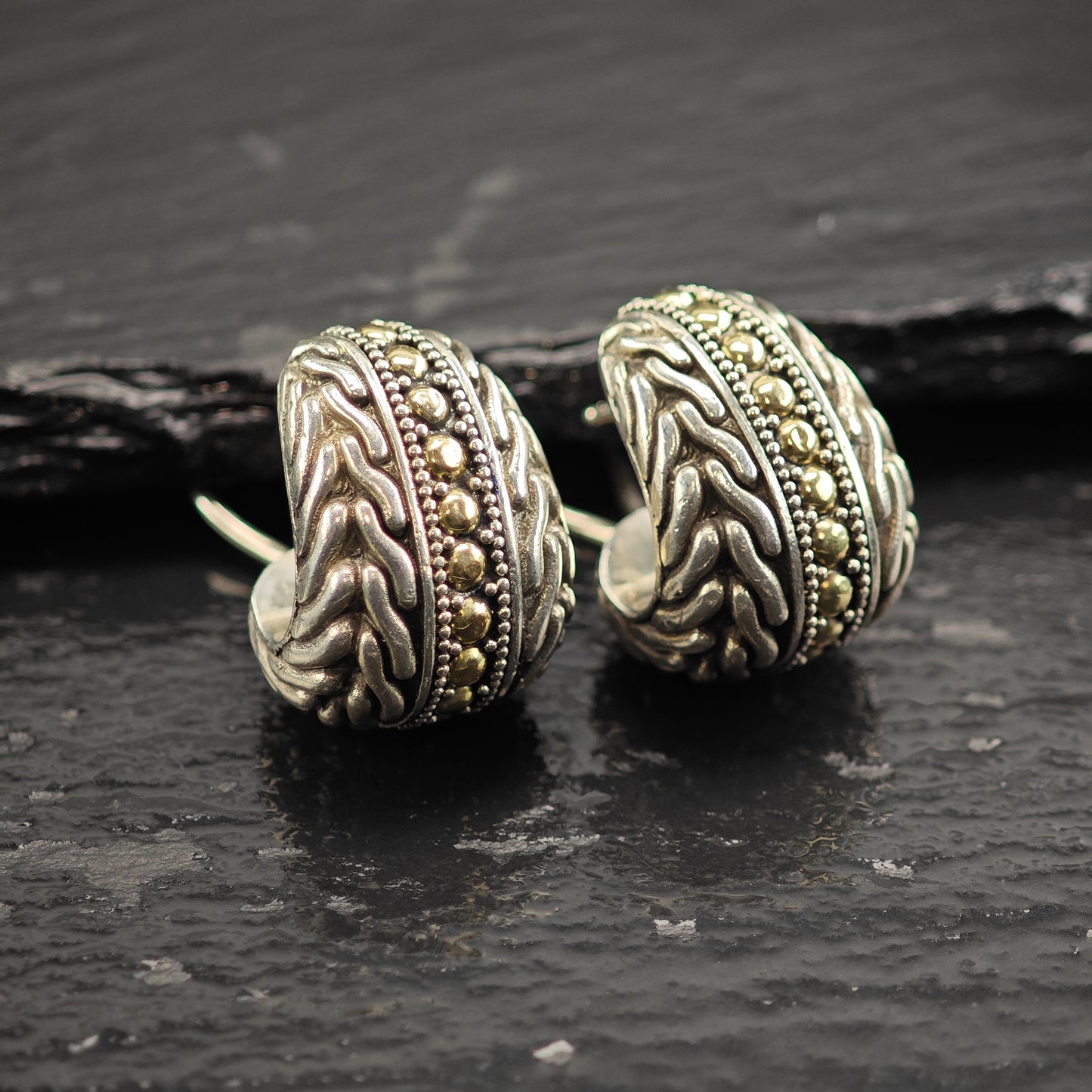 AS IS, John Hardy Gold 18K Gold Accent Sterling Silver Omega Back Earrings ER3099