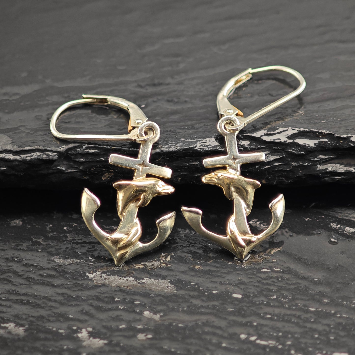 Kabana 14K Gold Accent Dolphin Sterling Silver Leverback/Dangle Earrings ER3101