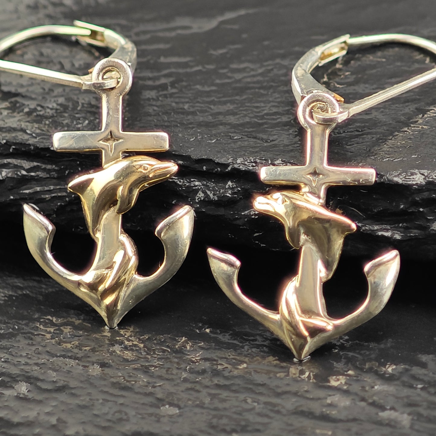 Kabana 14K Gold Accent Dolphin Sterling Silver Leverback/Dangle Earrings ER3101