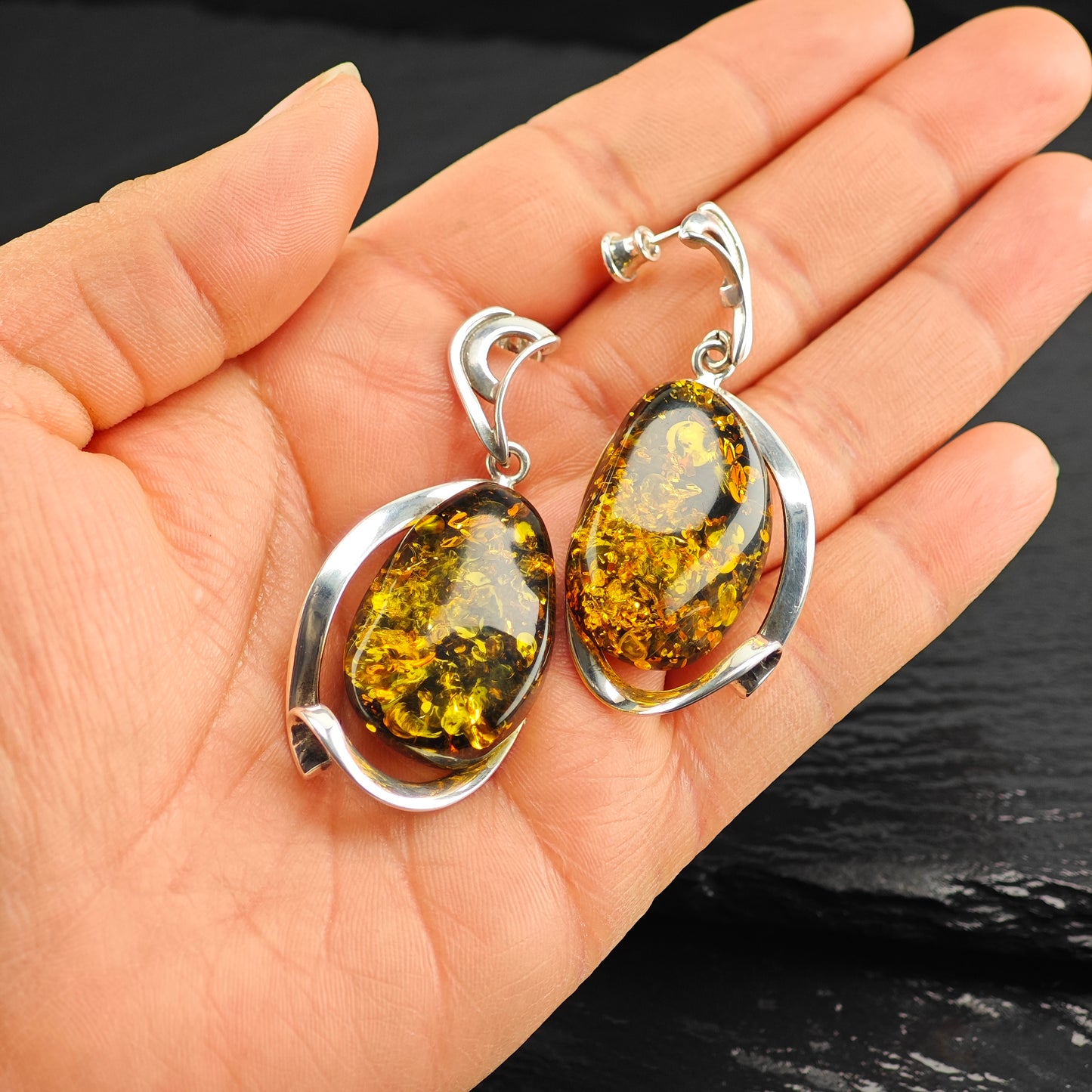Abstract Baltic Green Amber Sterling Silver Stud/Dangle Earrings ER3102