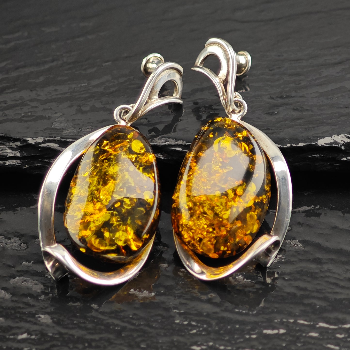 Abstract Baltic Green Amber Sterling Silver Stud/Dangle Earrings ER3102