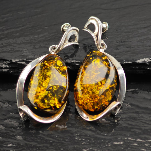 Abstract Baltic Green Amber Sterling Silver Stud/Dangle Earrings ER3102