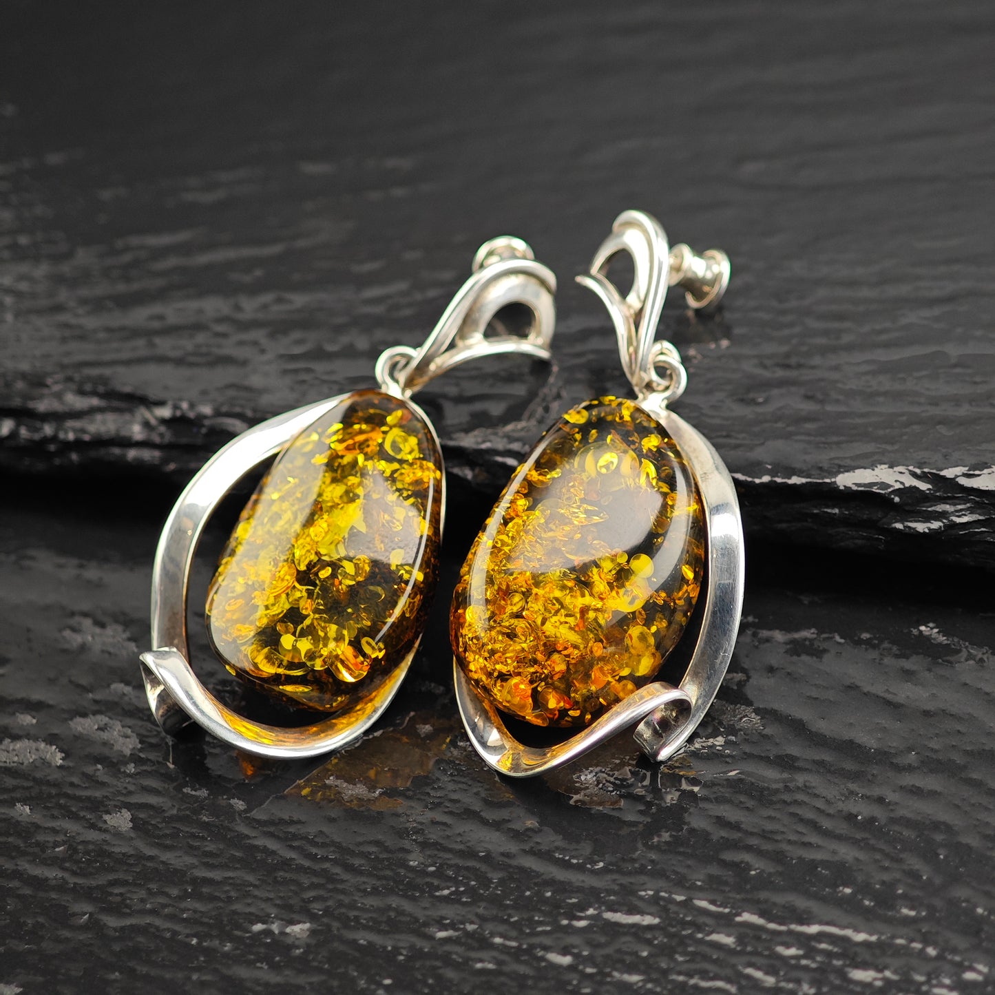 Abstract Baltic Green Amber Sterling Silver Stud/Dangle Earrings ER3102