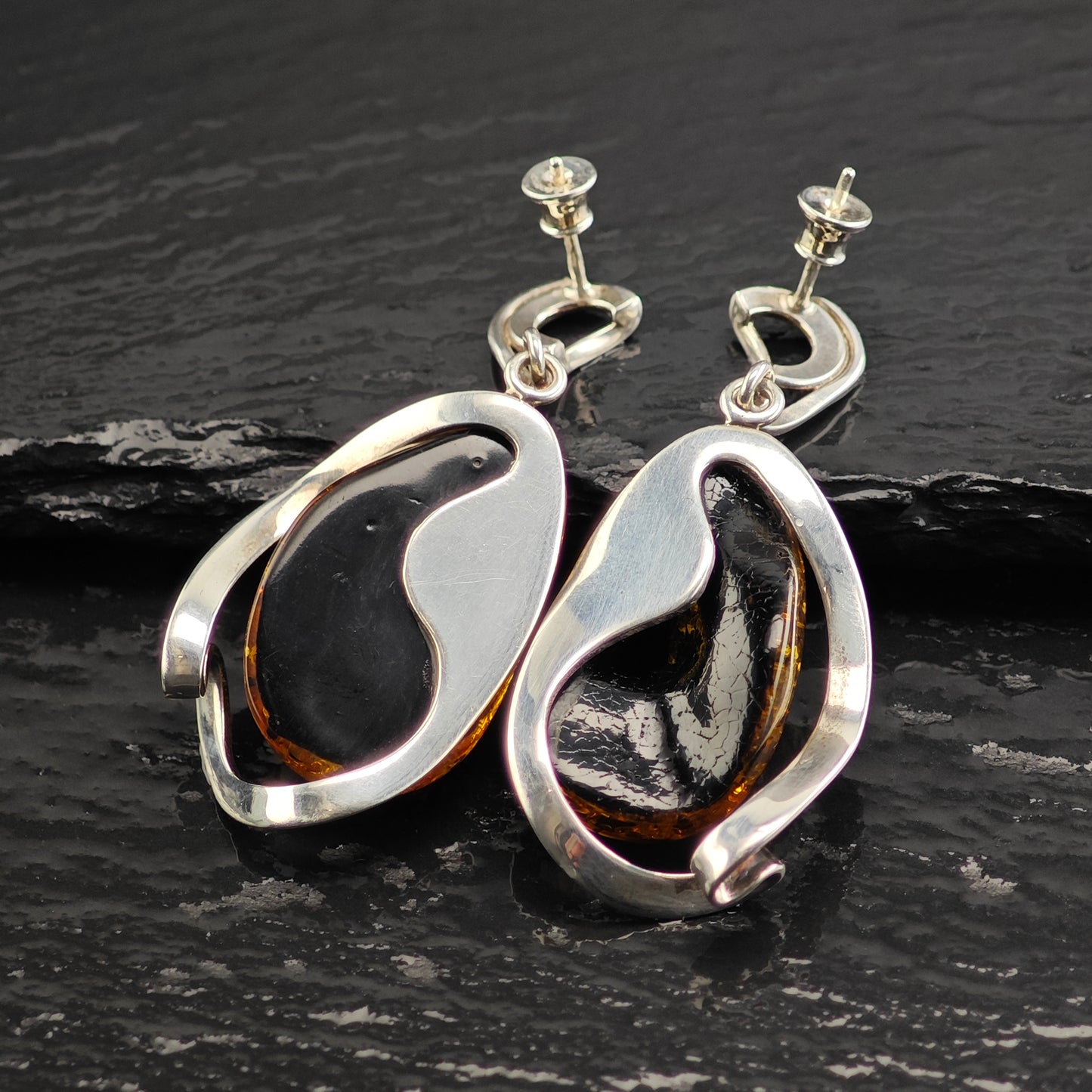 Abstract Baltic Green Amber Sterling Silver Stud/Dangle Earrings ER3102