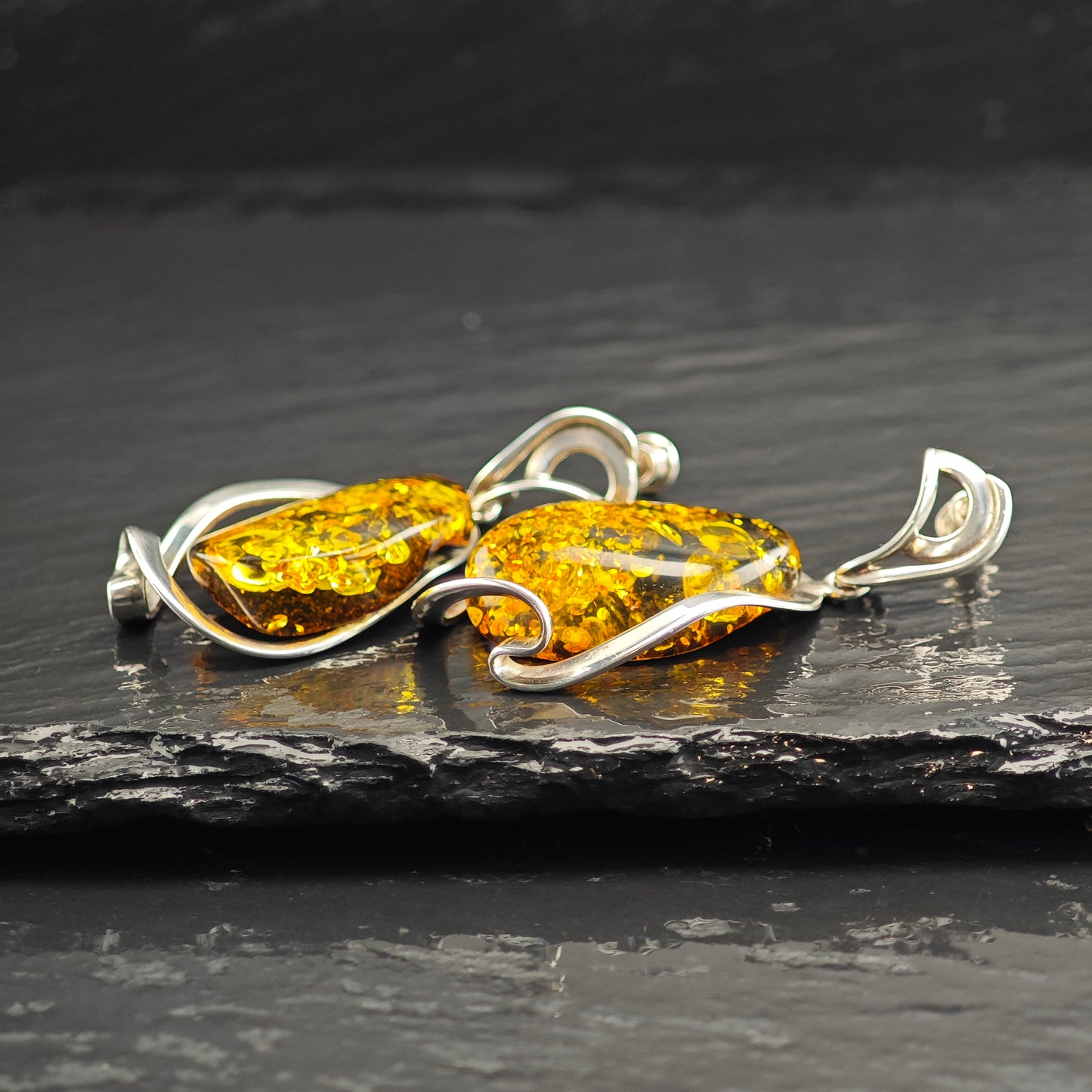 Abstract Baltic Green Amber Sterling Silver Stud/Dangle Earrings ER3102
