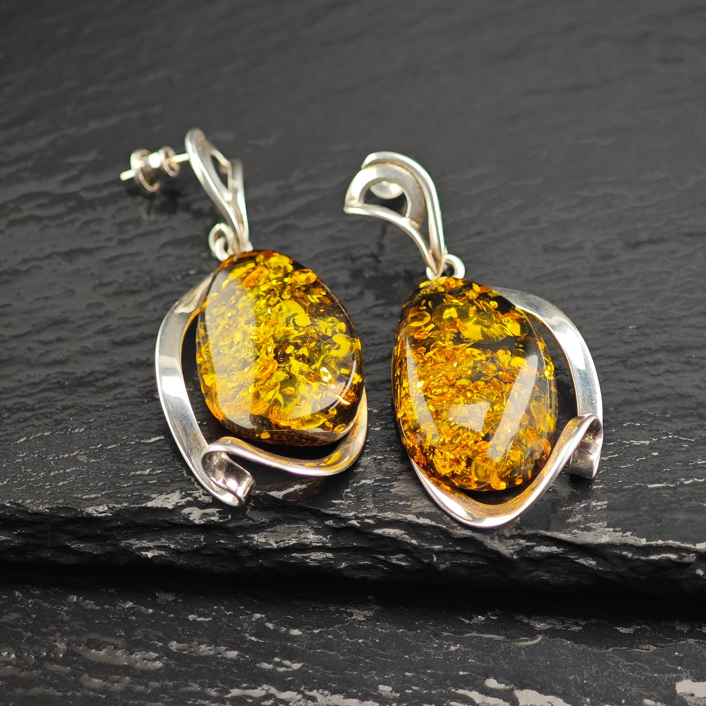 Abstract Baltic Green Amber Sterling Silver Stud/Dangle Earrings ER3102