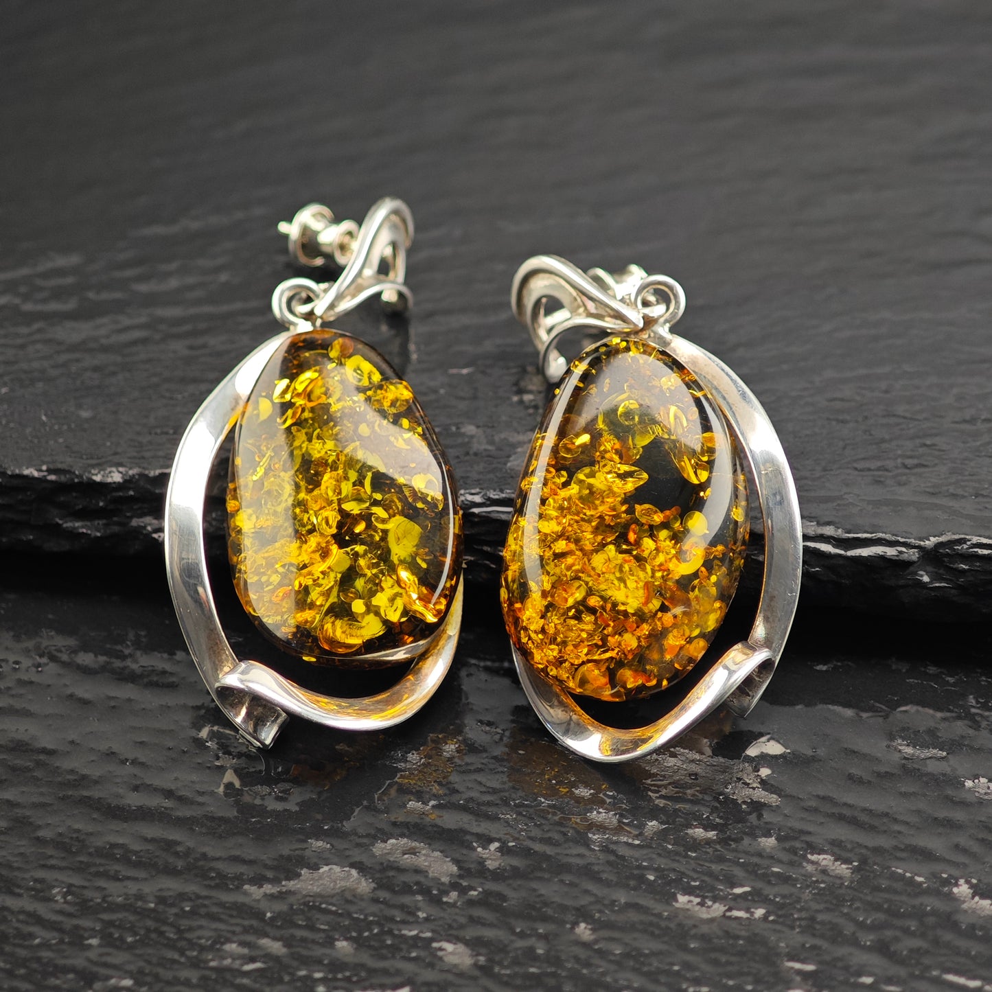 Abstract Baltic Green Amber Sterling Silver Stud/Dangle Earrings ER3102