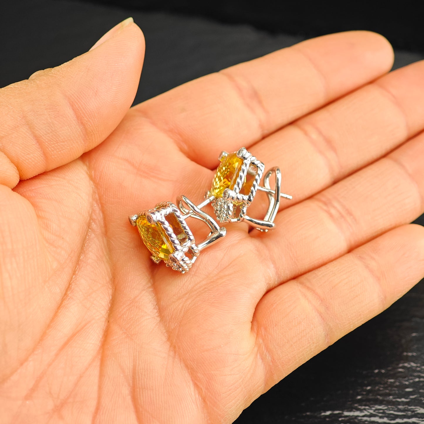 Judith Ripka Citrine CZ Hearts Sterling Silver Omega Back Earrings ER3104
