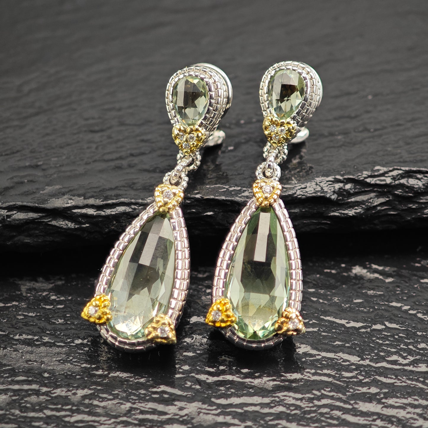 Judith Ripka JR Two Collection Prasiolite Diamond 18K Gold Post Sterling Silver Omega Back/Dangle Earrings ER3105