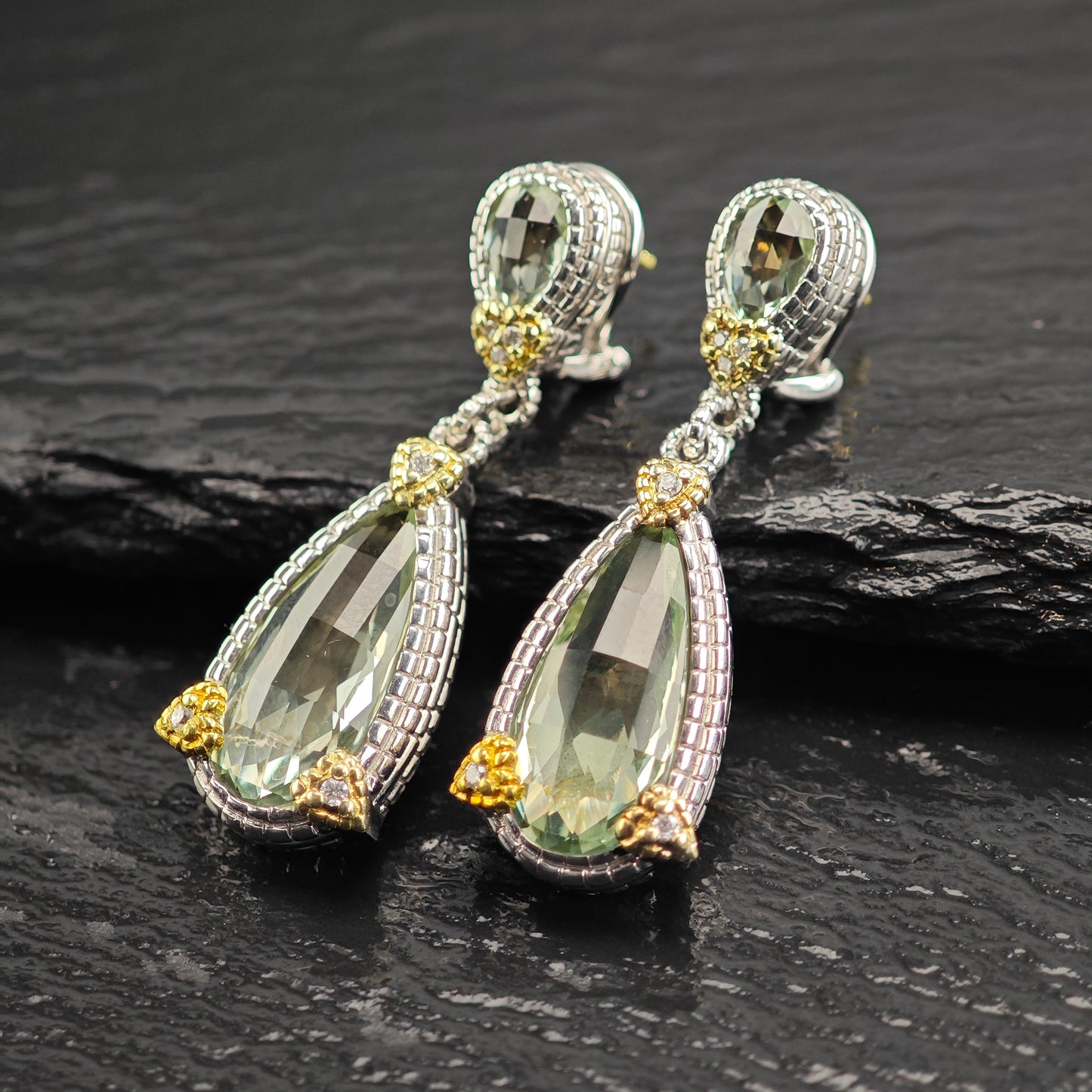 Judith Ripka JR Two Collection Prasiolite Diamond 18K Gold Post Sterling Silver Omega Back/Dangle Earrings ER3105
