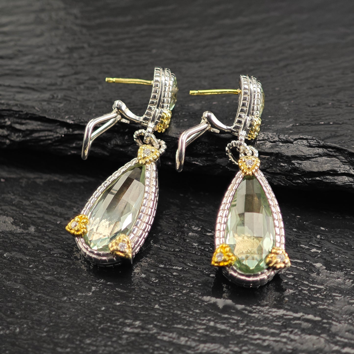 Judith Ripka JR Two Collection Prasiolite Diamond 18K Gold Post Sterling Silver Omega Back/Dangle Earrings ER3105