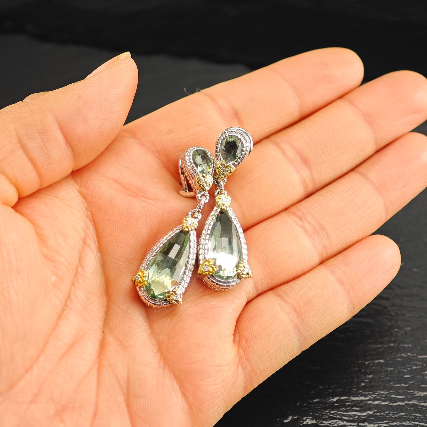 Judith Ripka JR Two Collection Prasiolite Diamond 18K Gold Post Sterling Silver Omega Back/Dangle Earrings ER3105