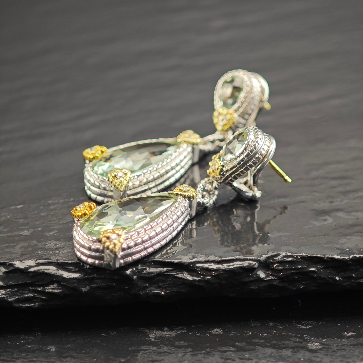 Judith Ripka JR Two Collection Prasiolite Diamond 18K Gold Post Sterling Silver Omega Back/Dangle Earrings ER3105