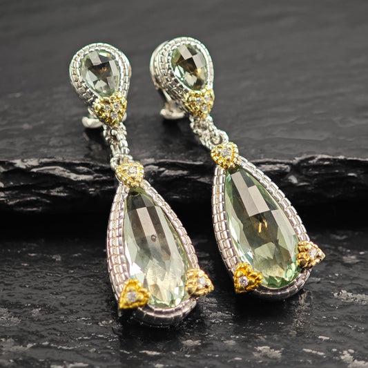Judith Ripka JR Two Collection Prasiolite Diamond 18K Gold Post Sterling Silver Omega Back/Dangle Earrings ER3105
