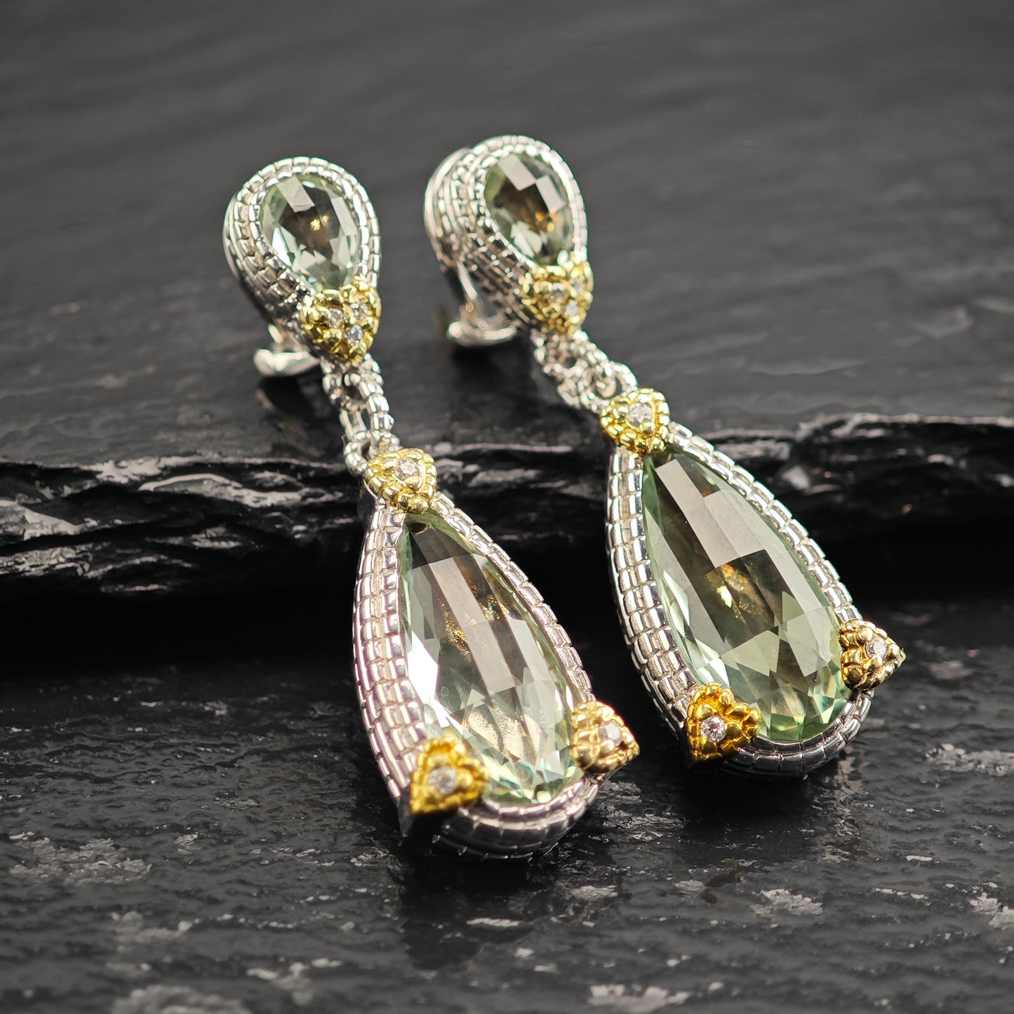 Judith Ripka JR Two Collection Prasiolite Diamond 18K Gold Post Sterling Silver Omega Back/Dangle Earrings ER3105