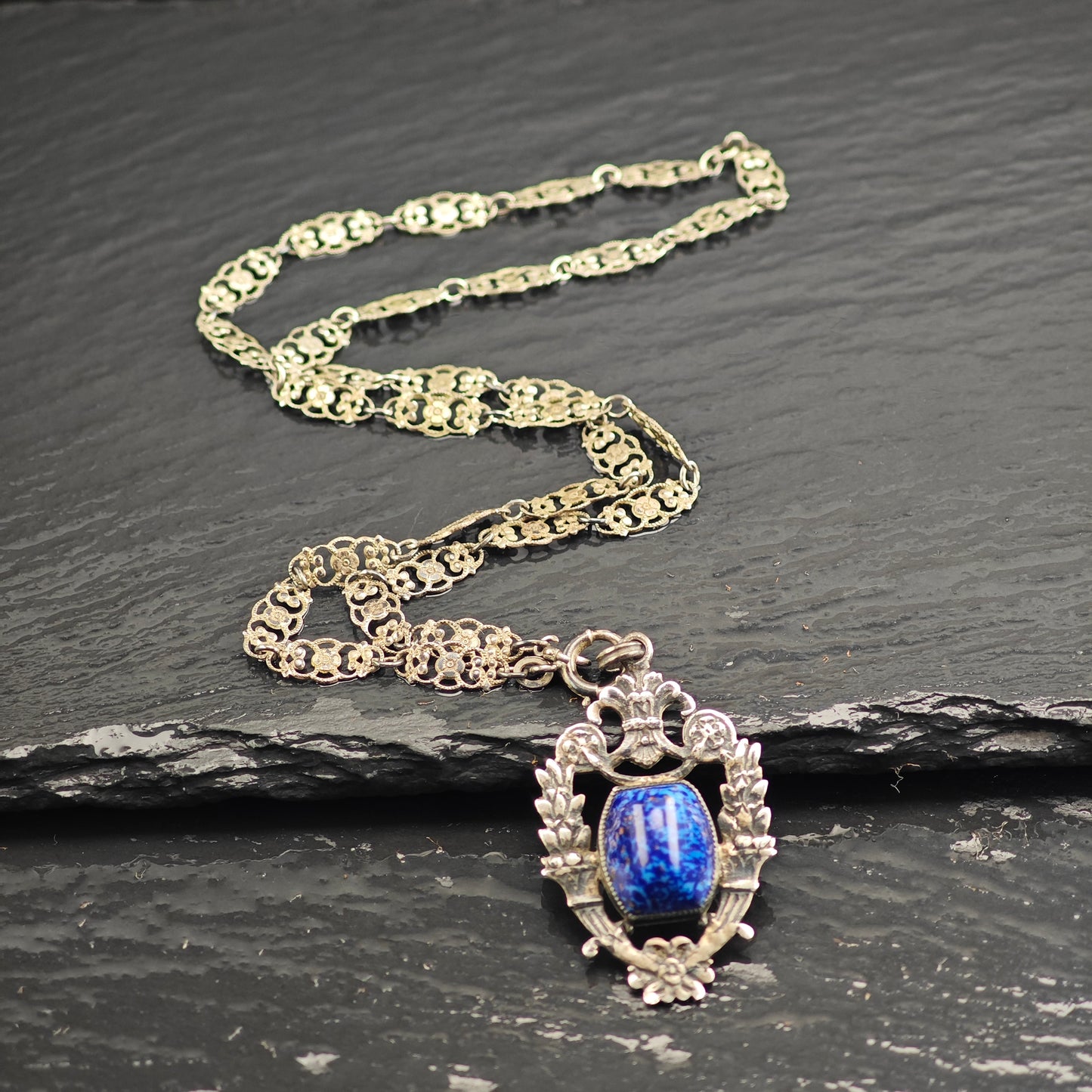 Blue Art Deco Glass, Sterling Silver Necklace N2710