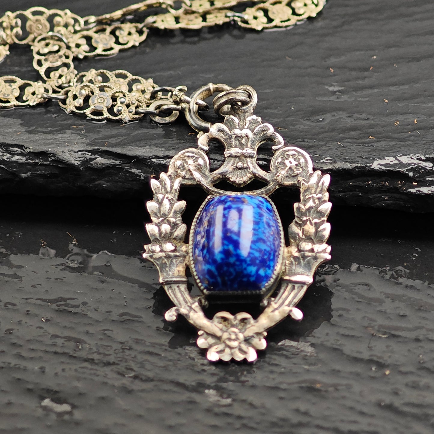 Blue Art Deco Glass, Sterling Silver Necklace N2710