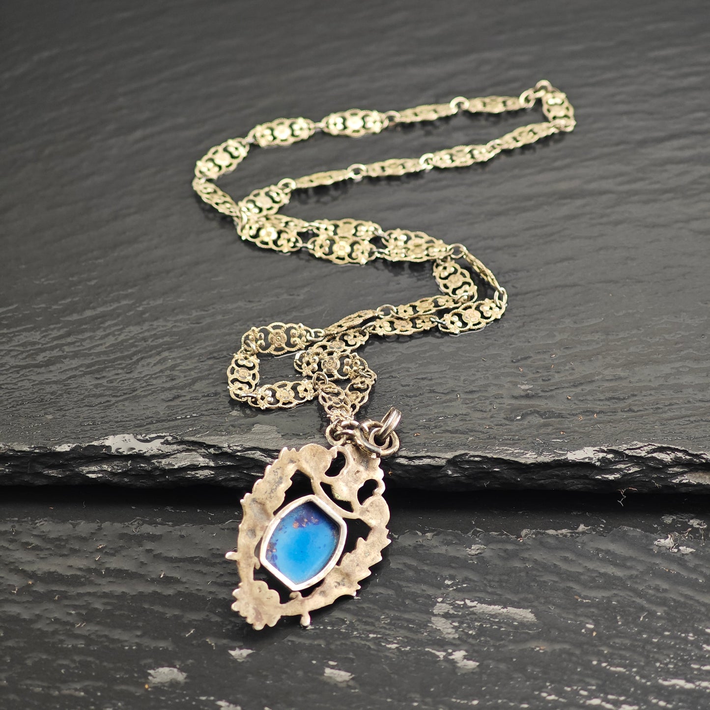 Blue Art Deco Glass, Sterling Silver Necklace N2710