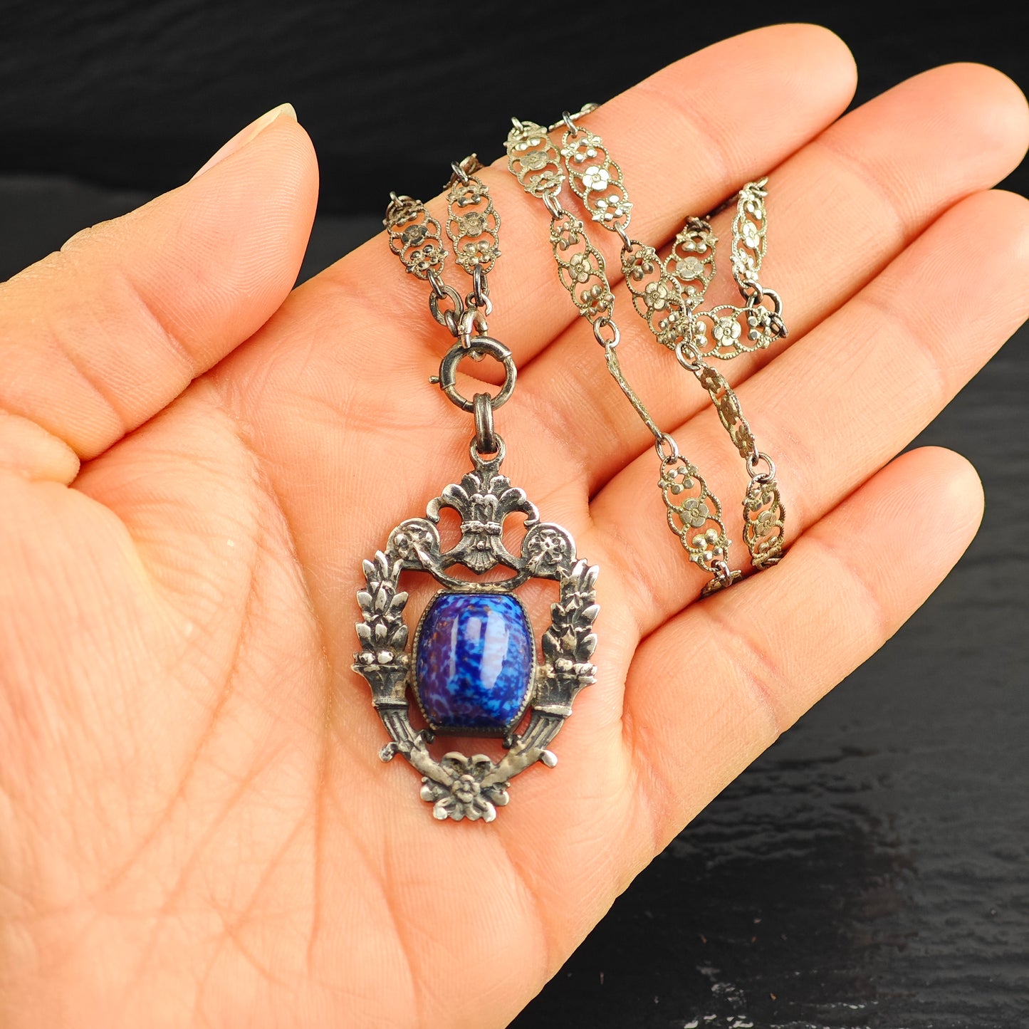 Blue Art Deco Glass, Sterling Silver Necklace N2710