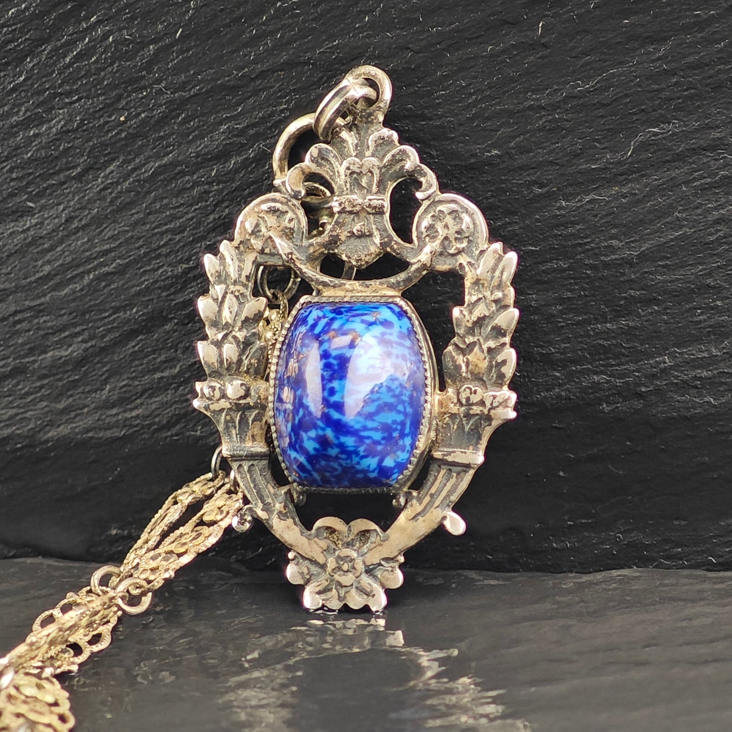 Blue Art Deco Glass, Sterling Silver Necklace N2710